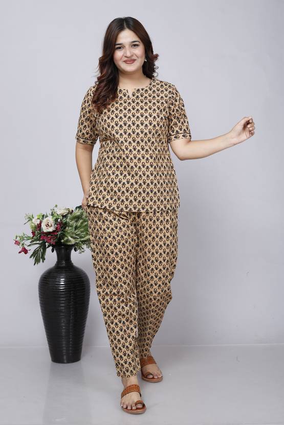GORDHAN Women Night Suit Set Beige, Black Printed