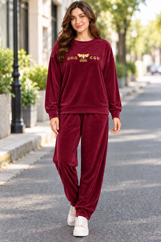 Belfry Women Self Design Maroon Night Suit Set
