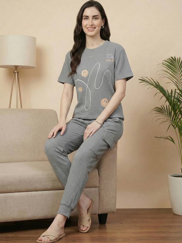 Beebelle Women Top & Pyjama Set Grey Printed