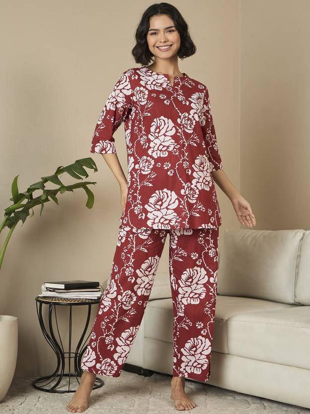 July Women Top & Pyjama Set Red Floral Print