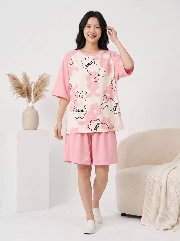 Lugo Women Night Suit Set Pink Printed