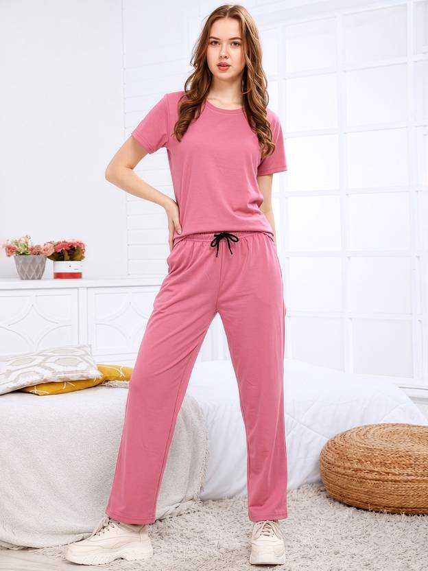 zilon Women Top & Pyjama Set Pink Solid