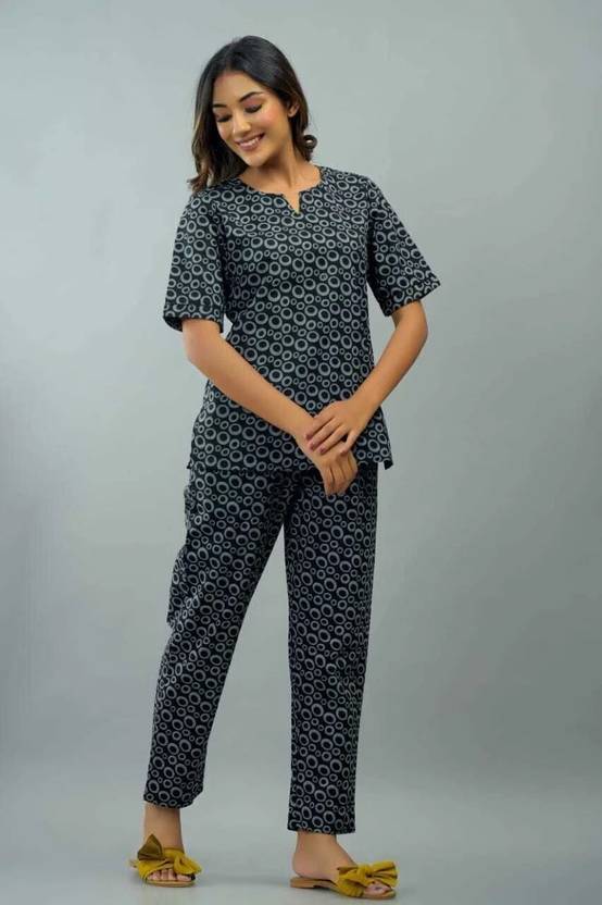 GORDHAN Women Night Suit Set Grey Printed