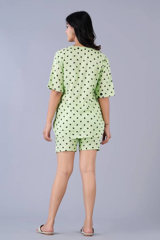 Women Night Suit Set Light Green Printed