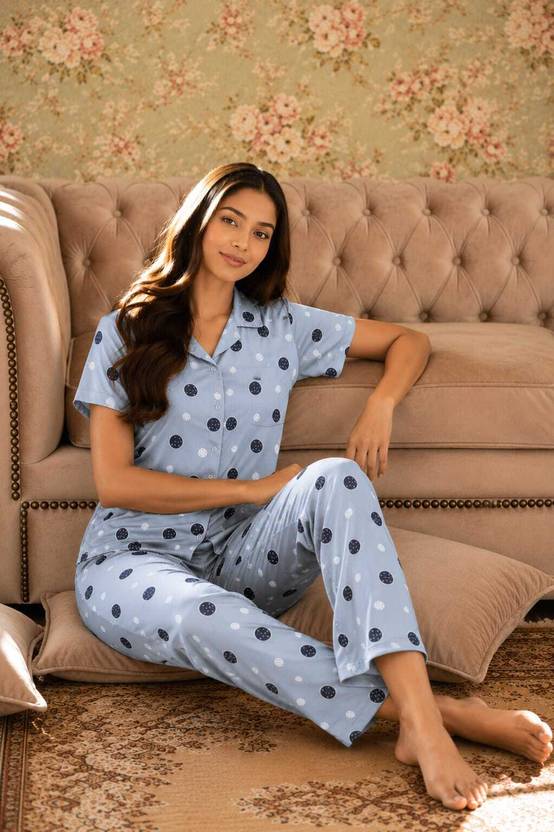 AATWANIS Women Polka Print Grey Shirt & Pyjama set