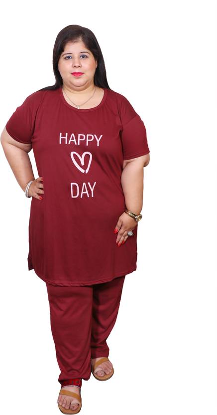 Women Night Suit Set Maroon Printed