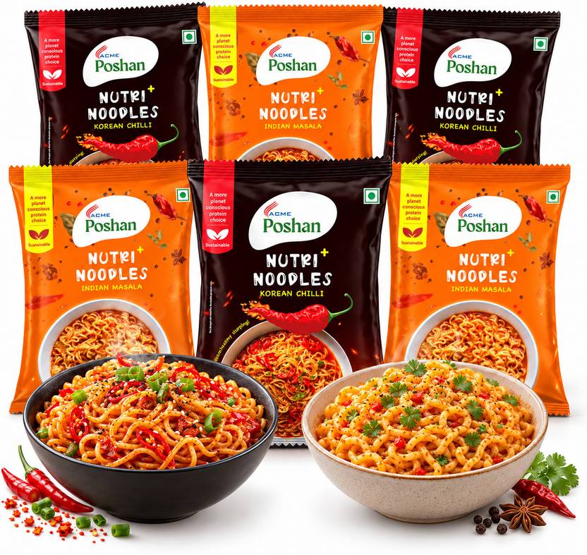 Acme Poshan Nutri+Noodles Korean Noodles Pack of 3 + Masala Noodles Pack of 3 (Pack of 6) Instant Noodles