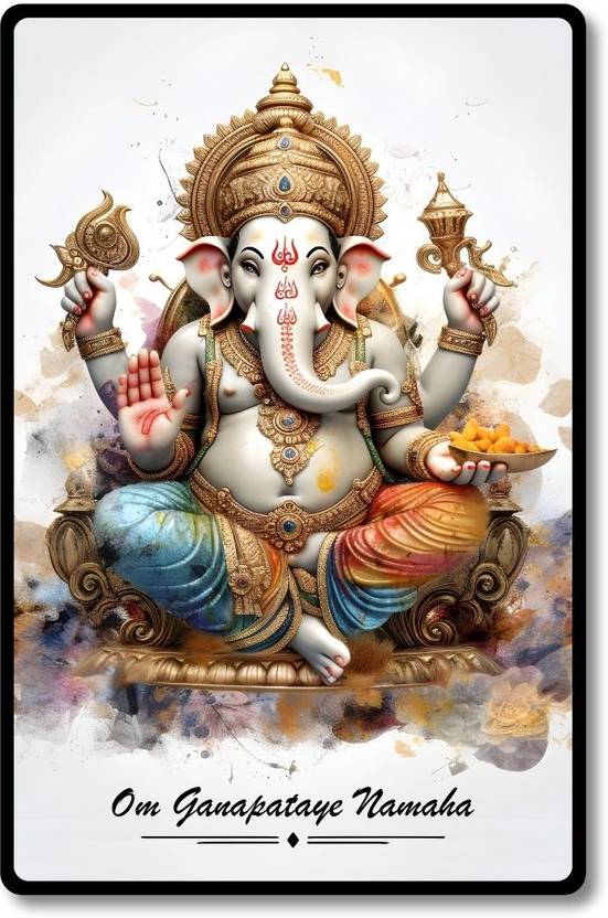 Apnagift Beautiful Wooden Lord Ganesha Photo Frame With Mantra, Ganpati Frame for Wall Digital Reprint 9 inch x 12 inch Painting