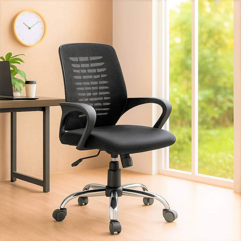 Oakcraft Low Back Ergonomic|Lumbar Support|Soft Comfortable PU Pads |Fabric Chair Fabric Office Arm Chair