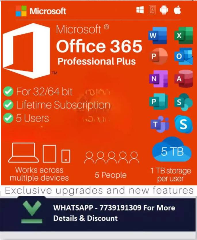MICROSOFT Office 365 Pro Plus For 5 Users/PC (Lifetime Account) + 5TB