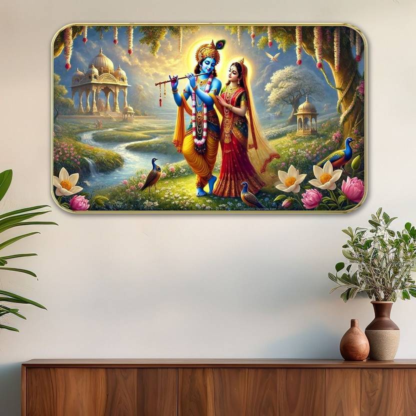Dekorstation Radha Krishna in Vrindavan Garden Painting with Sparkle Lamination 12x16 Inch NA 11 inch x 14 inch Painting