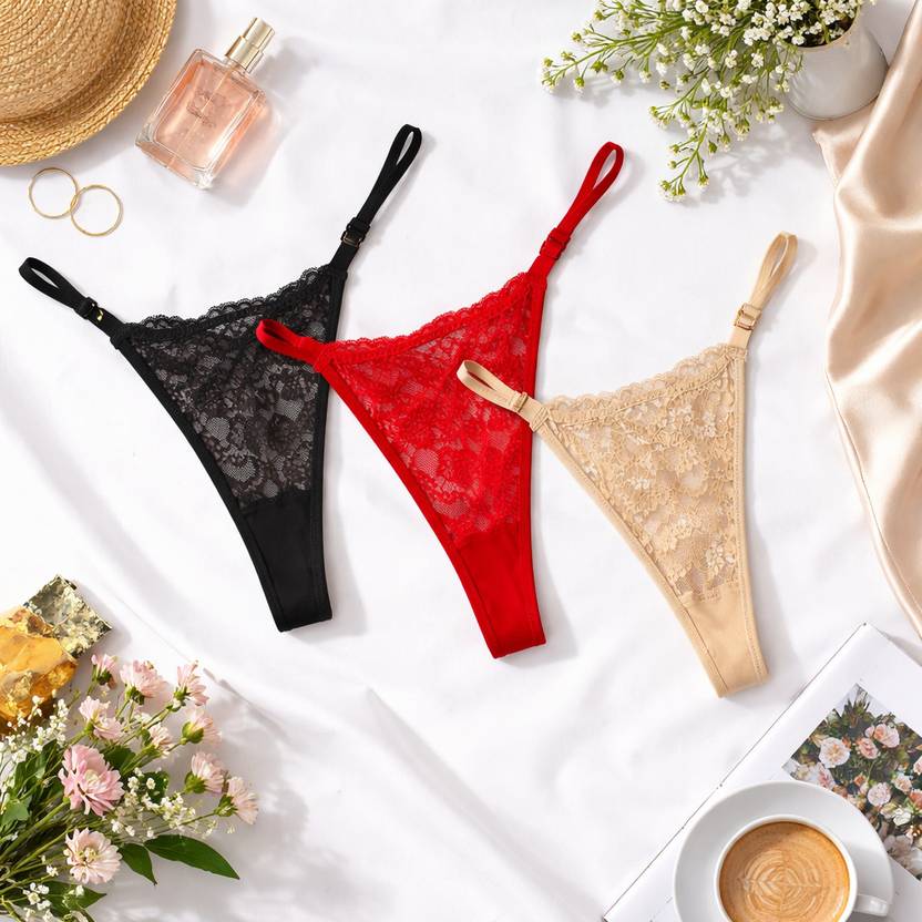 WearLix Pack of 3 Women Thong Black, Red, Beige Panty