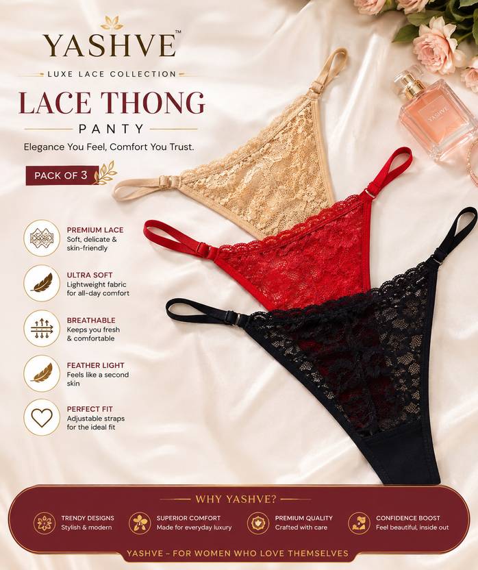 yashve Pack of 3 Women Thong Beige, Black, Red Panty