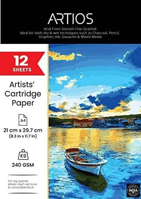 ARTIOS Artists' Mixed Media Cartridge Paper A4- 12 Drawing Sheets , Ideal for Charcoal,Graphite,Acrylic,Watercolor,Gouache,Ink & Other Mixed Media A4 240 gsm Drawing Paper