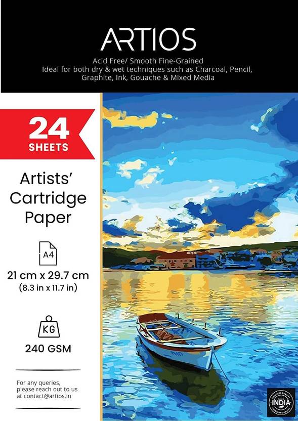 ARTIOS Artists' Mixed Media Cartridge Paper A4- 24 Drawing Sheets , Ideal for Charcoal,Graphite,Acrylic,Watercolor,Gouache,Ink & Other Mixed Media A4 240 gsm Drawing Paper