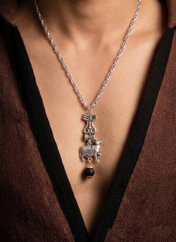 srirasthu Mahesh Babu Varanasi Movie Style Pendant with Chain and Karungali Bead for Men Rhodium Beads Stainless Steel Pendant Set