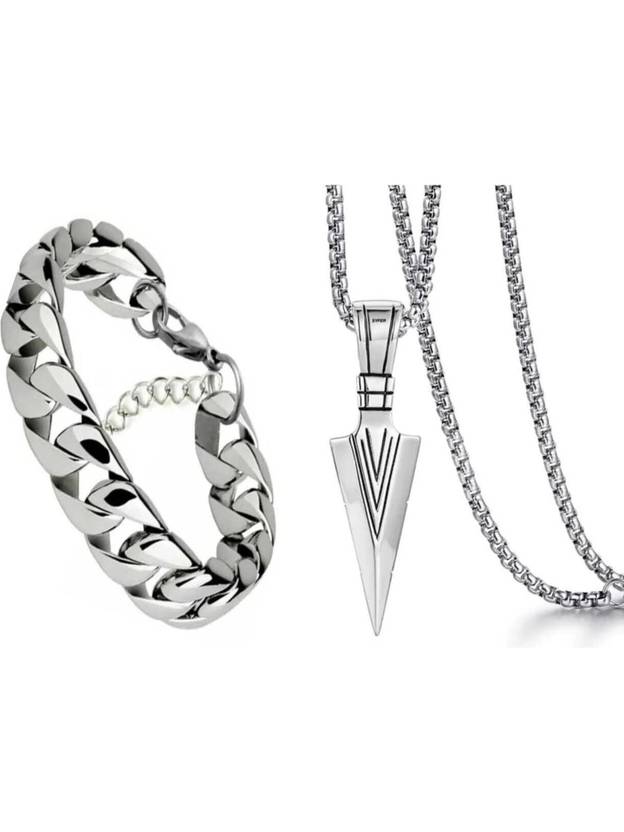 FASHIONOSHA Arrow Pendant Heavy Chain & Silver Plated Bracelet Silver Stainless Steel, Alloy Locket Set