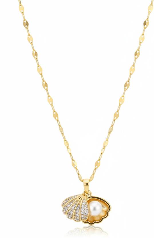 LUSTREY Fresh Water Pearl Shell Pendant Necklace for Women Seashell Fresh Water Pearl Gold-plated Stainless Steel Locket Set