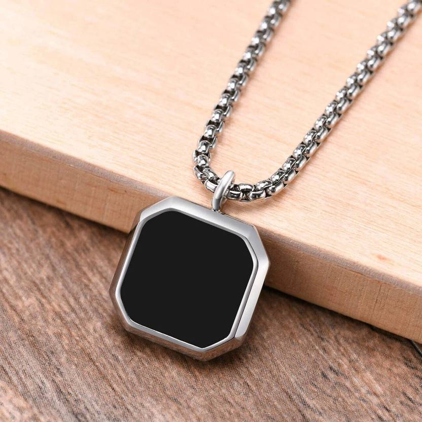 Whitechimes Men’s Silver Chain with Black Geometric Silver Stainless Steel Pendant Set