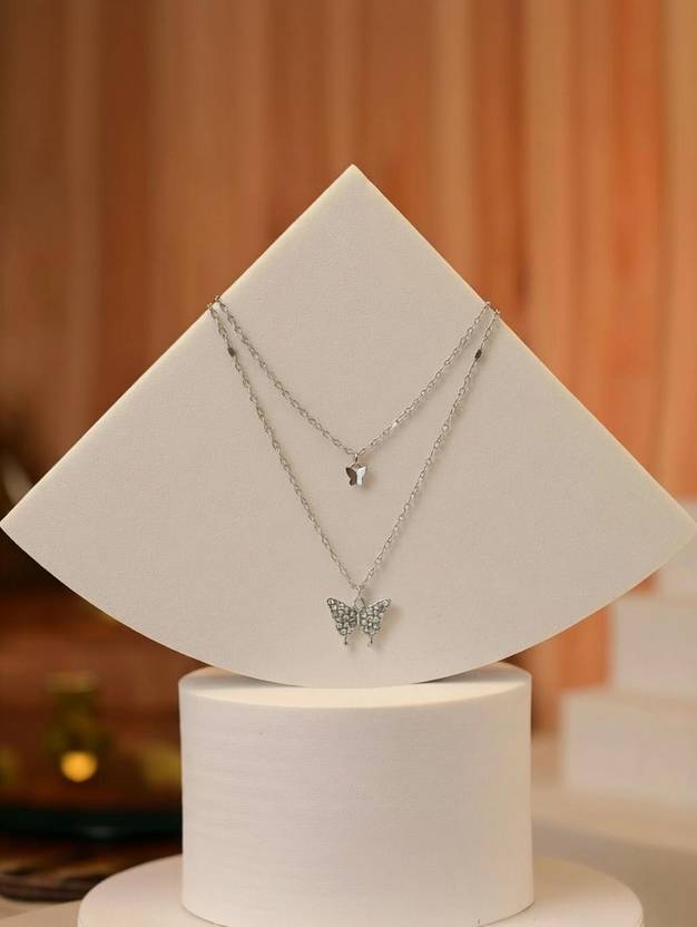 CARIA JEWELLERY COLLECTION Necklaces Pendant Silver Color Shiny Butterfly Necklace Double Layer Pendant Silver Crystal Alloy Pendant
