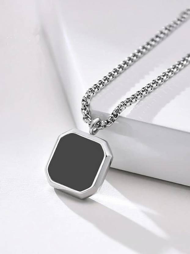 house of common Stylish Black and Silver color Square Pendant for Men Stainless Steel Pendant