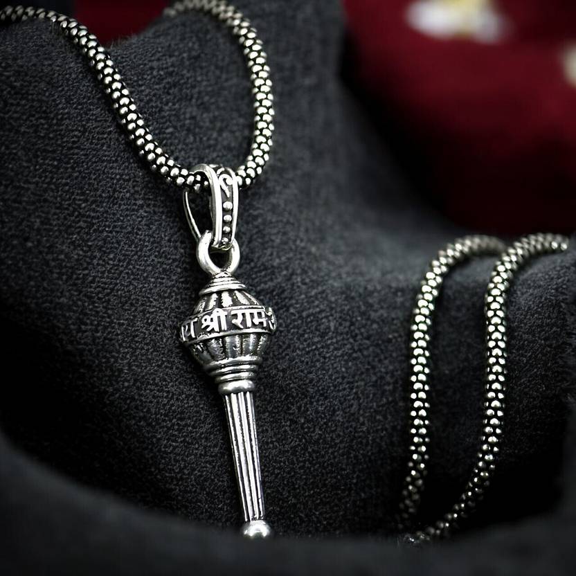 pasu fashion Antique Silver Hanuman Gada Pendant Necklace for Men Zircon Brass Pendant