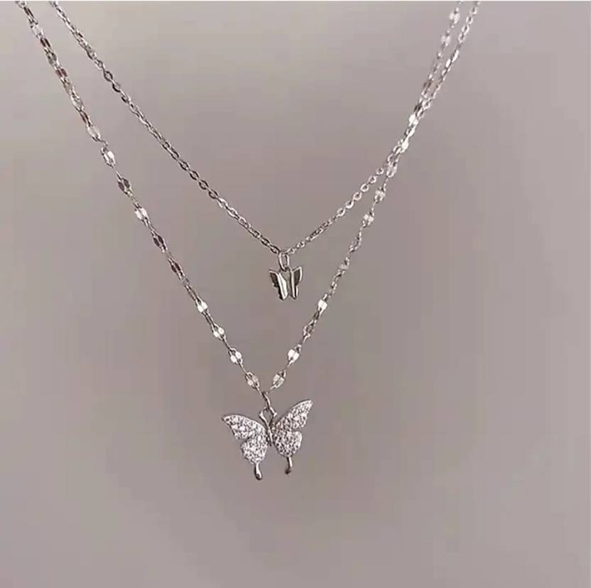 CARIA JEWELLERY COLLECTION Necklaces Pendant Gold Plated Shiny Butterfly Necklace Double Layer Pendant Silver Crystal Stainless Steel, Alloy Pendant