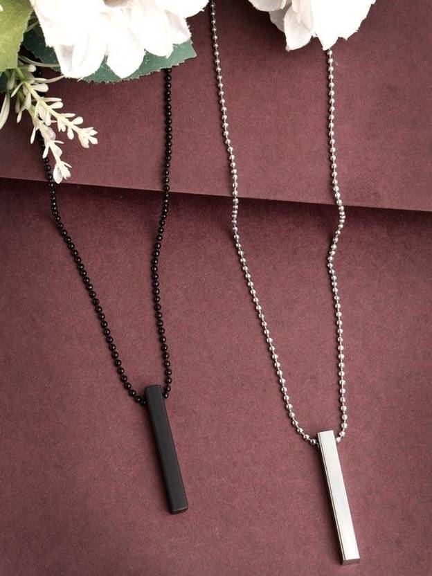 NVR Stylish Silver - Black Men's Set of 2 Rhodium Plated Bar Pendent Rhodium Alloy Pendant Set