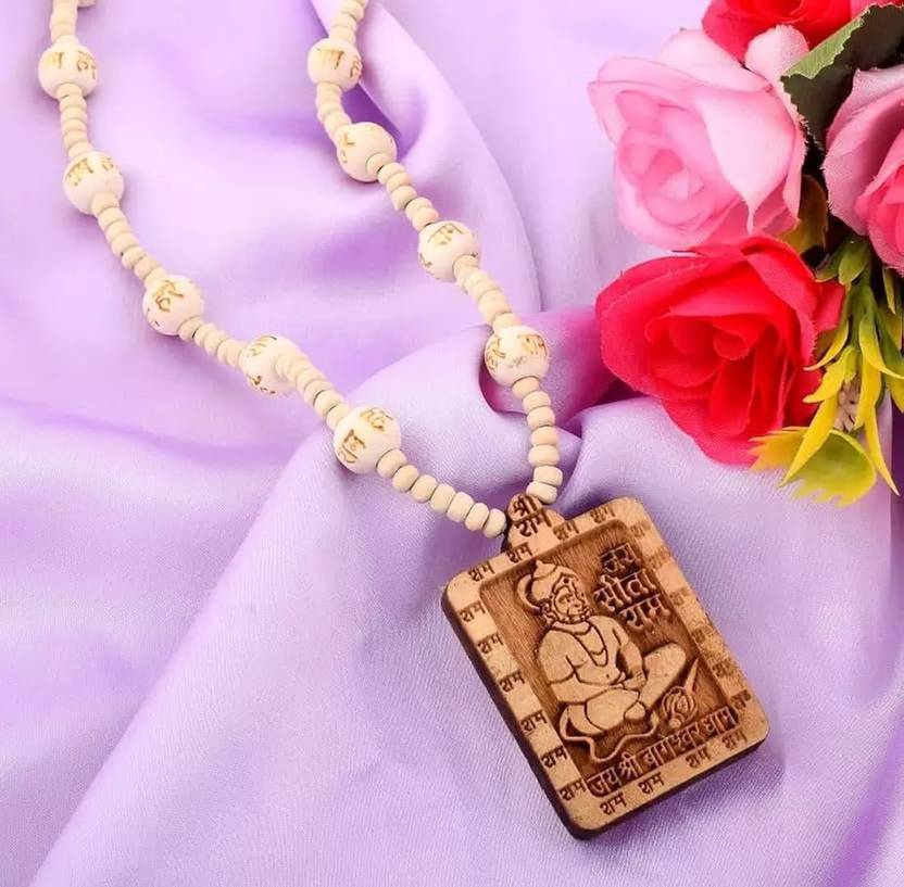 Yash ECommerce Store Hanuman Bageshwar dham locket with Moti printed Tulsi Mala Wood Locket