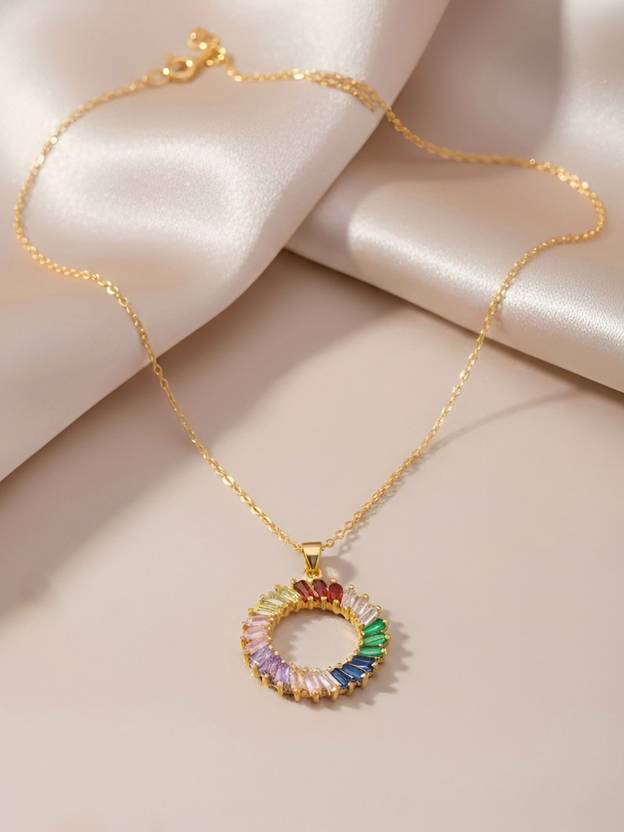 ARTKLIM Gold-Plated Rainbow Baguette Stone Circle Anti-Tarnish Pendant Necklace Gold-plated Metal Pendant