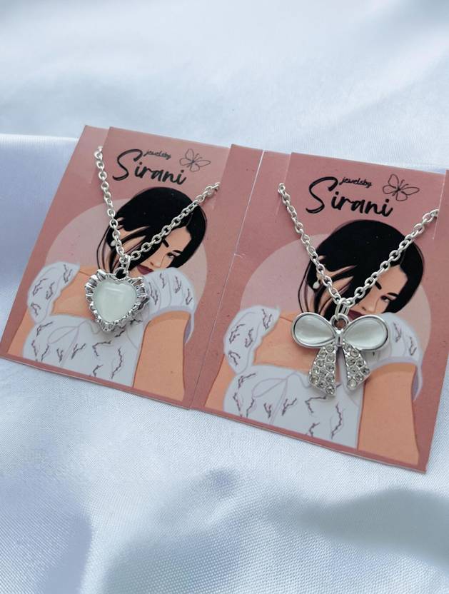 Jewelsbysirani Pack of 2(Heart,Bow)Stylish elegant Silver plated AD charm pendant necklace Silver Alloy