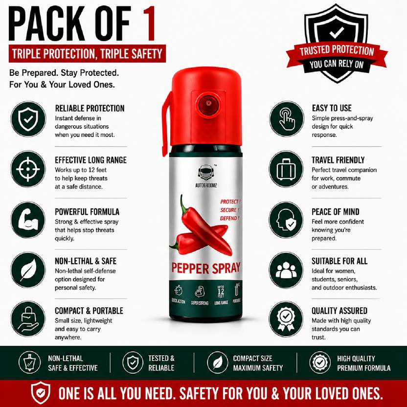 AUTOGROOMZ Self Defence Pepper Spray for Woman Safety - 55 ML (Pack Of 1) Pepper Gun