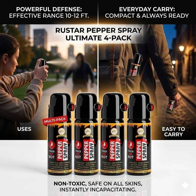RUSTAR Self Defense Pepper Spray for Women & Men (10-12 ft Range, Pack of 4) Pepper Stream Spray