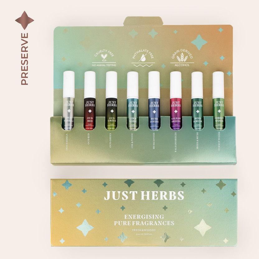 Buy Just Herbs Energising Pure Fragrances Fresh & Woody Set of 8 Eau de Parfum - 24 ml Online In India