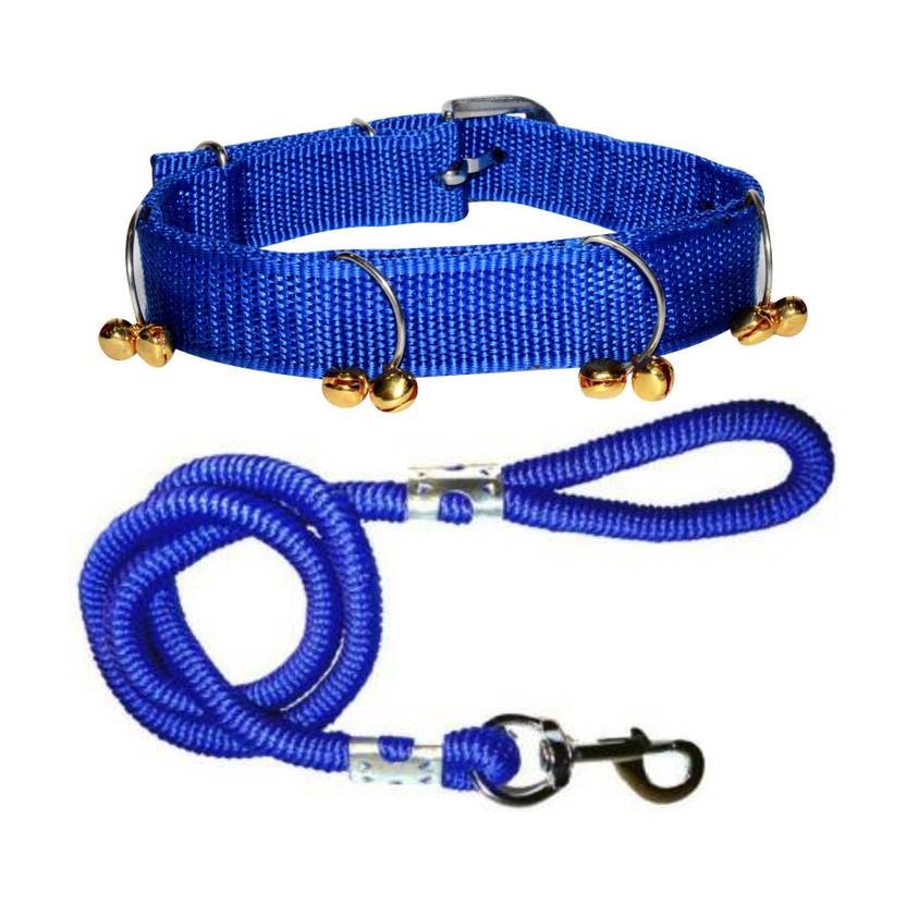 BODY BUILDING Dog Belt Combo of Blue Ghungroo Collar with Blue Lead 1.5m Lengthy Dog Collar & Leash