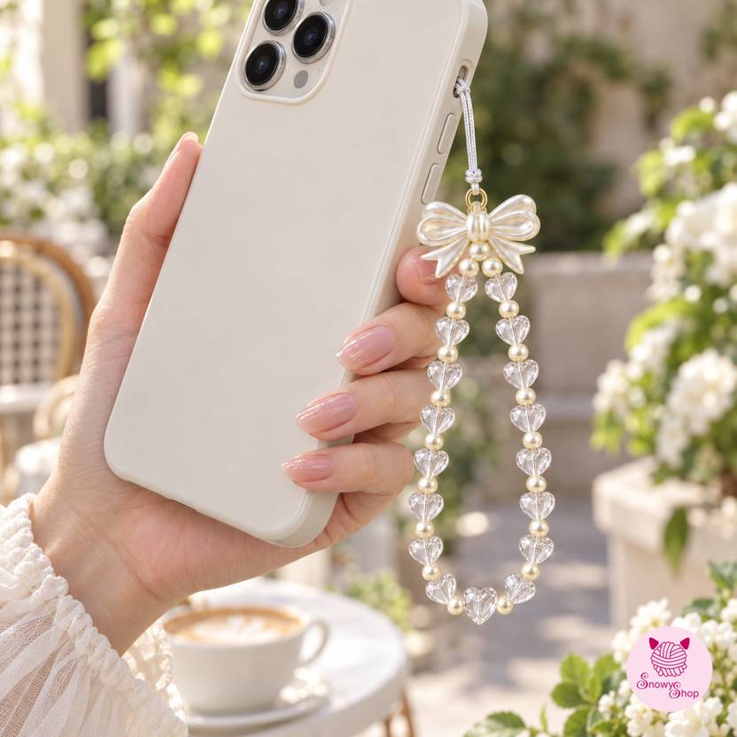 SNOWY SHOP Cute Pearl Bow and Heart Phone Strap for Girls & Women | Phone Charm