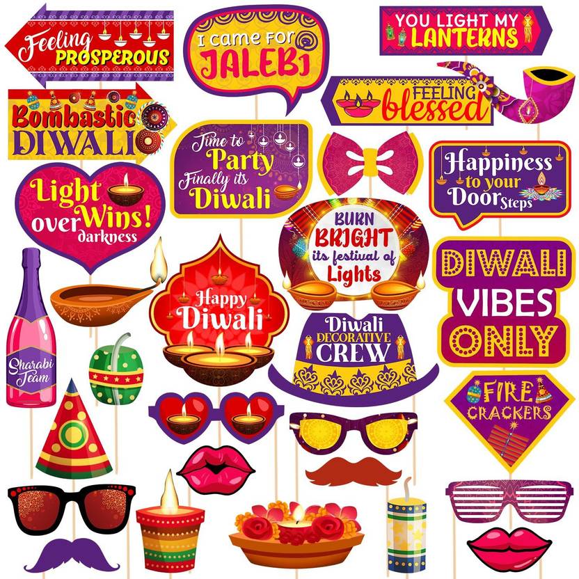 ZYOZI 30 Pieces Happy Diwali Party Photo Booth Props Kit for Photoshoot