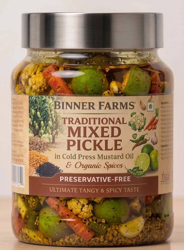 BINNER FARMS Traditional Mixed Pickle | Used Pure Cold Press Mustard Oil & Organic Spices | Mixed Vegetable Pickle