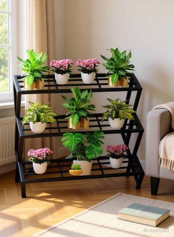 Arwan lifestyle 3 Step Stand for Multiple use and Planters Stand,Black, set of 1 Plant Container Set