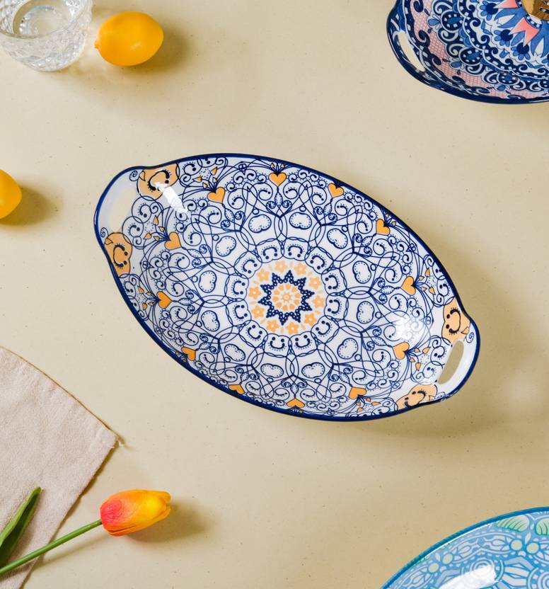 Nestasia Dark Blue Mandala Ceramic Long Dish with Handles for Serving Snacks Tray