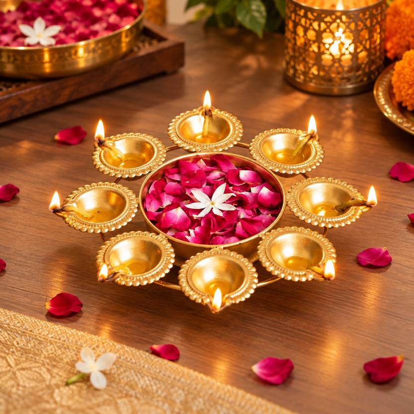 Artisyn Golden Handcrafted Designer Urli with 8 Tea Light Candle Holders Iron