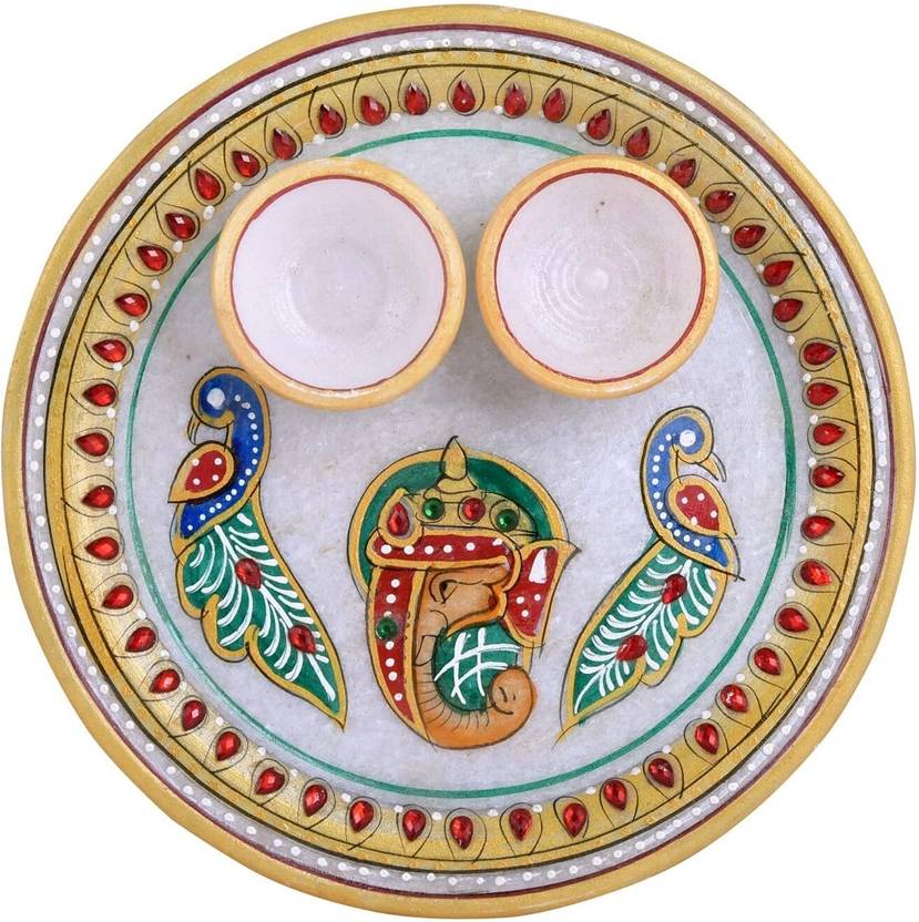 Artyog Ganesha with Peacock Marble Pooja Thali Set with Attached Bowl (6 Inch) Marble