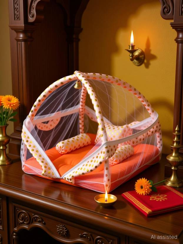 Laddu Gopal Soft Bed Mosquito Net Orange Deity Ornament
