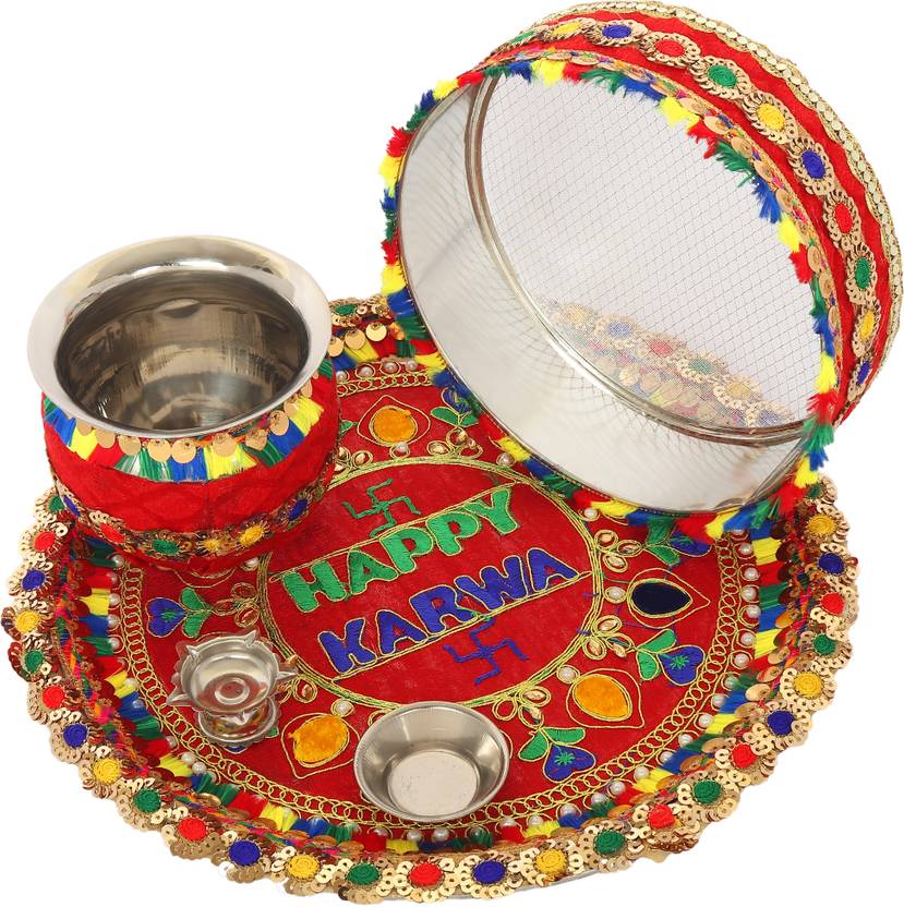 Dark Red Pooja Thali Plate Platter Decorative Stainless Steel