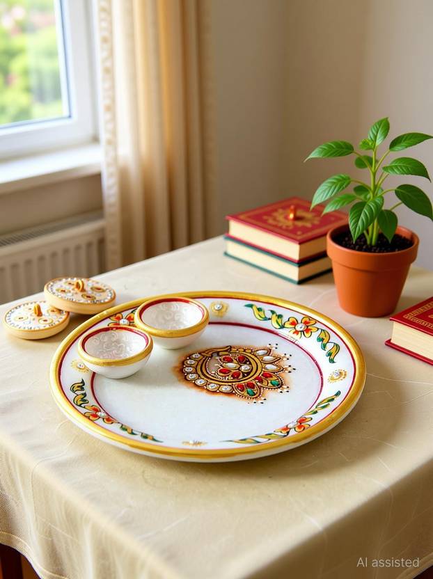 Artyog Marble Pooja Thali - Decorative Worship Plate for Home Temple Marble
