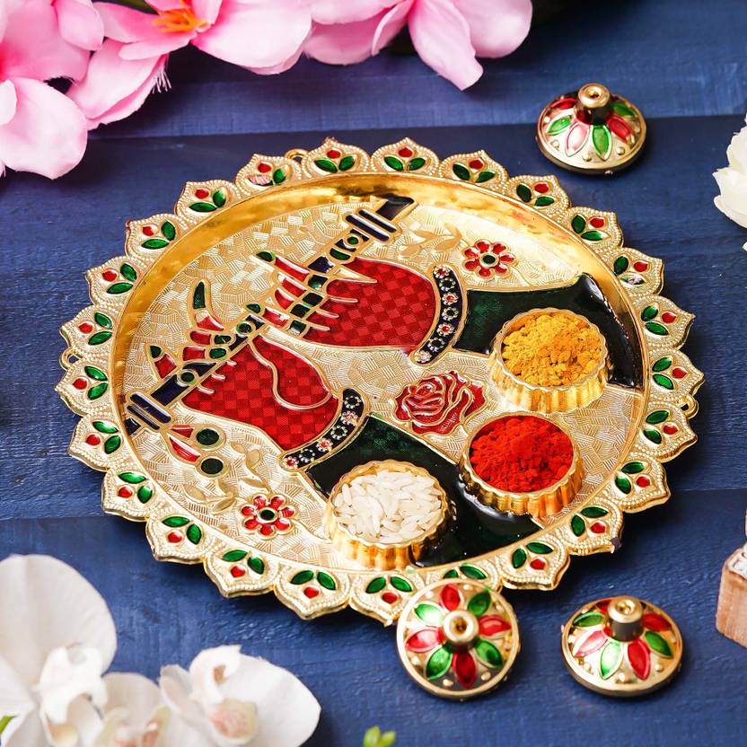 Artisyn One Krishna with Flute Decorative Pooja Thali for Diwali, Navratri Steel