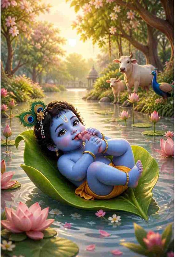 Sleeping Baby Krishna on Lotus Leaf Poster | (NO FRAME) | 12x18 Inch | Premium 300 GSM Paper | Bal Gopal Nature River Wall Art for Bedroom, Nursery & Living Room Paper Print