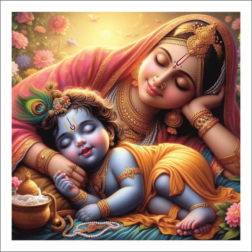 Sleeping Baby Krishna And Maa Yashoda Wall Poster For Pooja Room,Office,Bedroom,Living Room (Size -45 Cm X 45 cm) 3D Poster