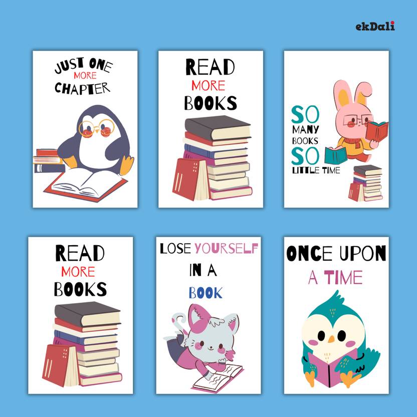 A5 Set of 6 Animal Bookworm Posters for Kids’ Bedrooms Paper Print
