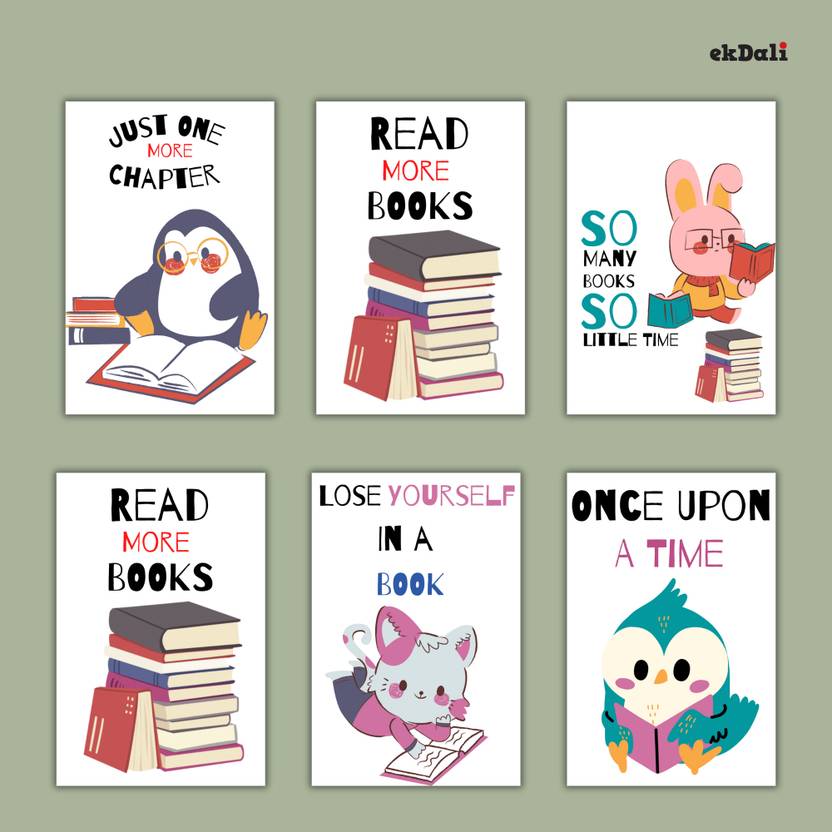 A5 Set of 6 Fun Animal Bookworm Posters for Kids Paper Print